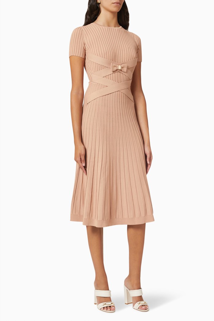 

Ribbed Dress with Crossover Bands, Pink