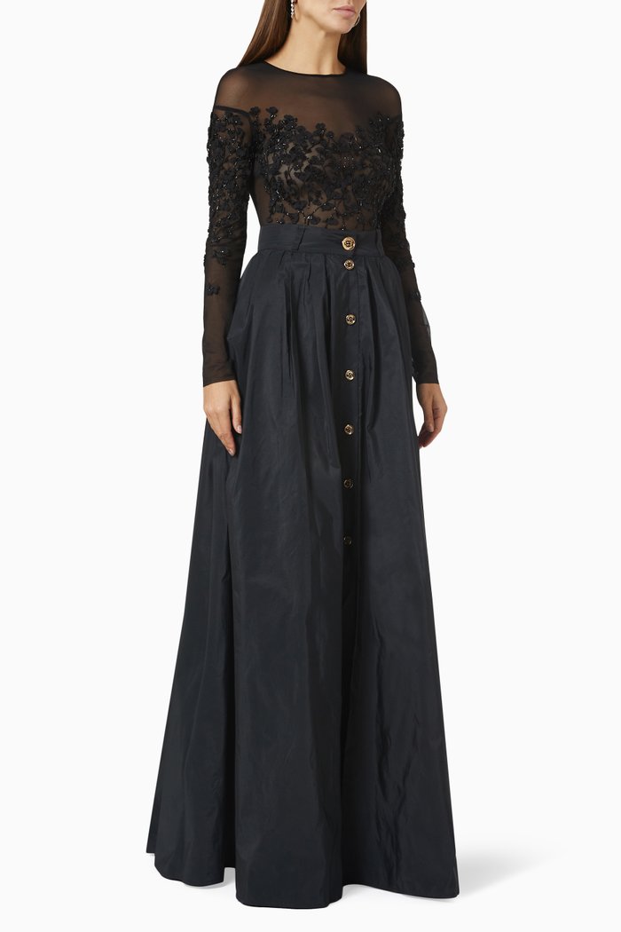 

Long Sleeve Gown in Embellished Mesh, Black