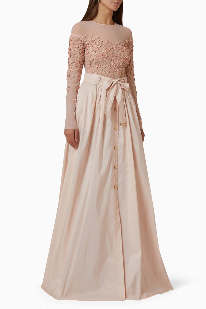 

Long Sleeve Gown in Embellished Mesh, Brown