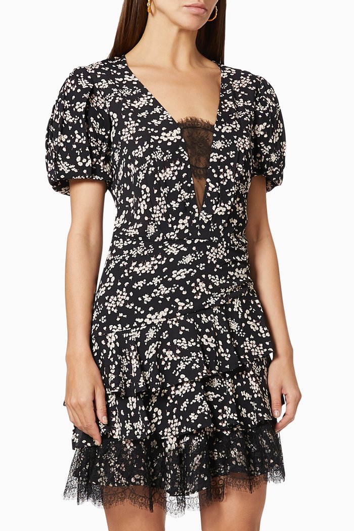 

Mini Dress in Floral Print Georgette Fabric, Black