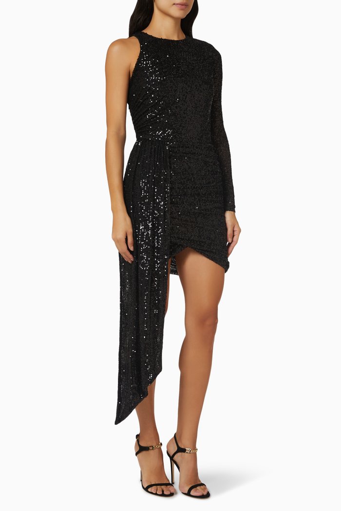 

Asymmetric Mini Dress in Sequin, Black
