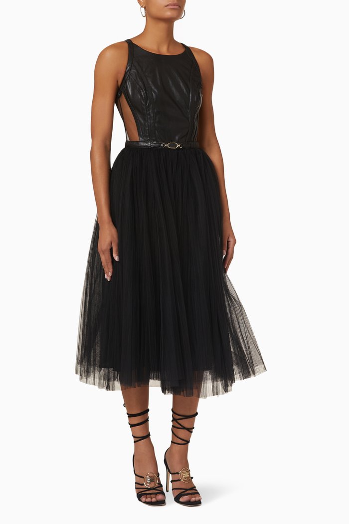 

Sleeveless Midi Dress in Tulle, Black