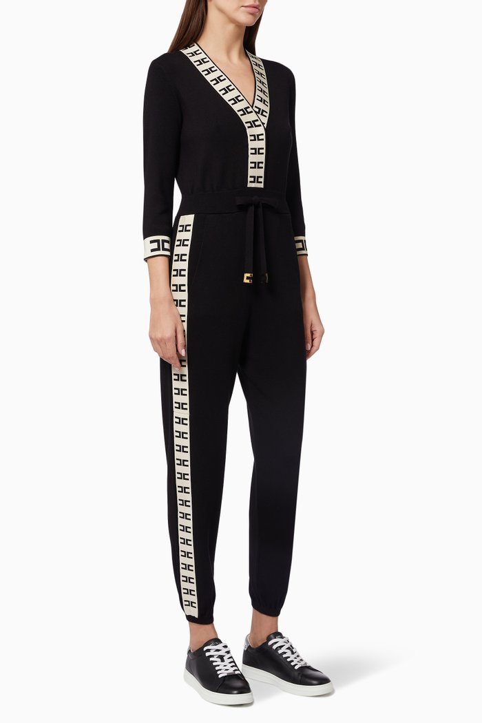 

Logo Band Jumpsuit in Knit Fabric, Black