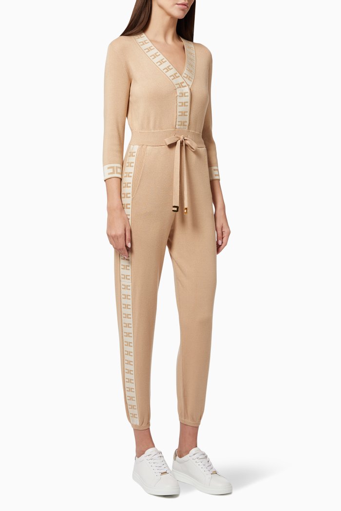 

Logo Band Jumpsuit in Knit Fabric, Brown