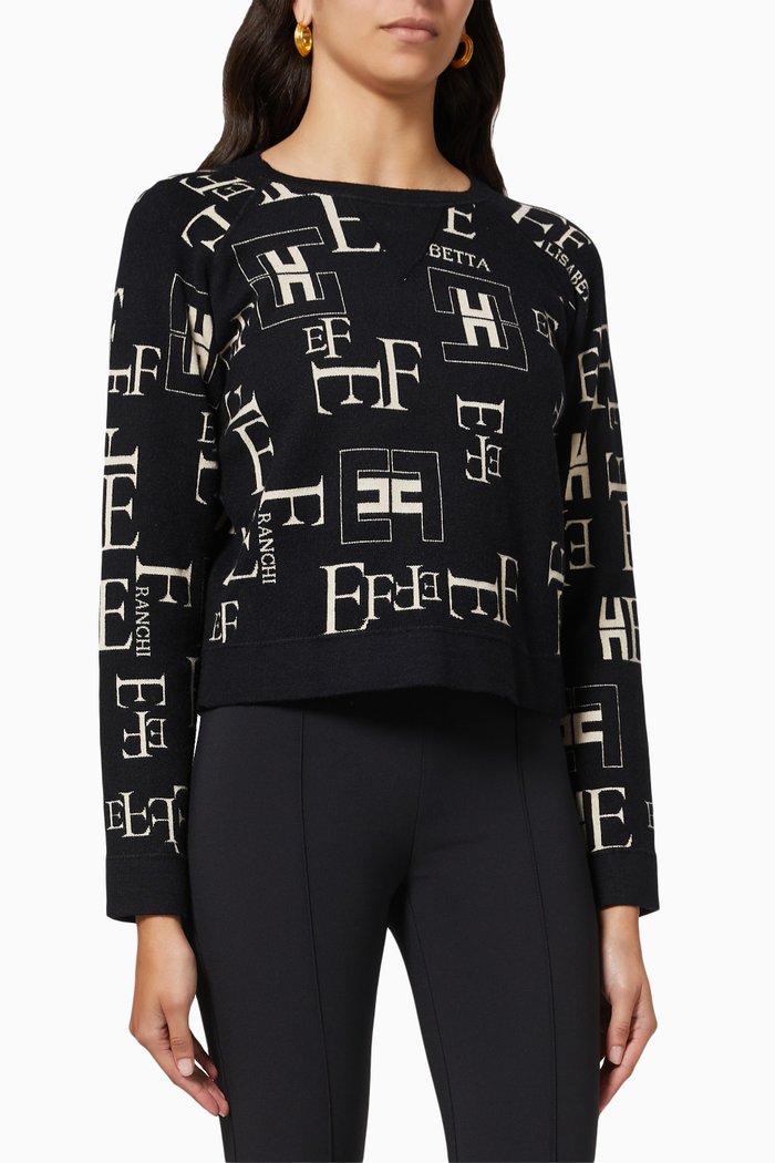 Crewneck Sweatshirt in Lettering Knit, Black