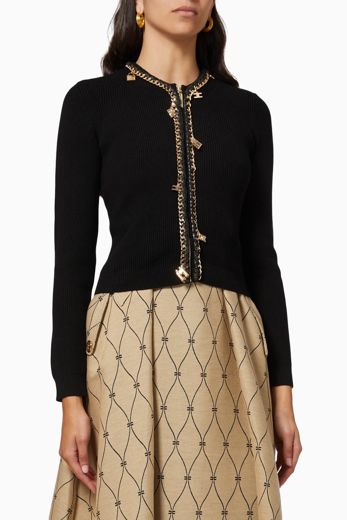 

Zipped Cardigan with Charms in Viscose Rib-knit, Black