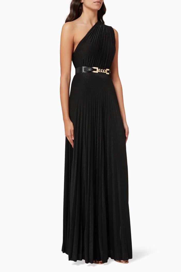 

One-shoulder Gown with Belt in Pleated Lamé Jersey, Black