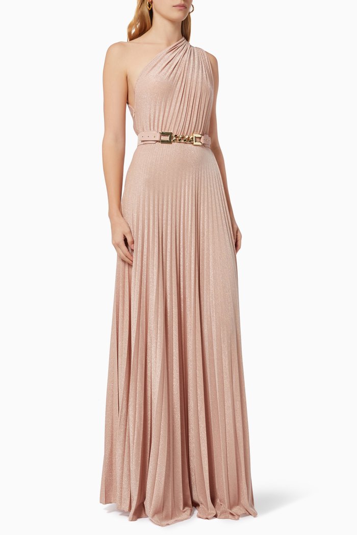 

One-shoulder Gown with Belt in Pleated Lamé Jersey, Brown