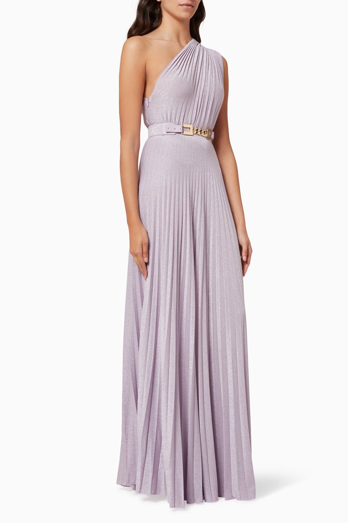 

One-shoulder Gown with Belt in Pleated Lamé Jersey, Purple