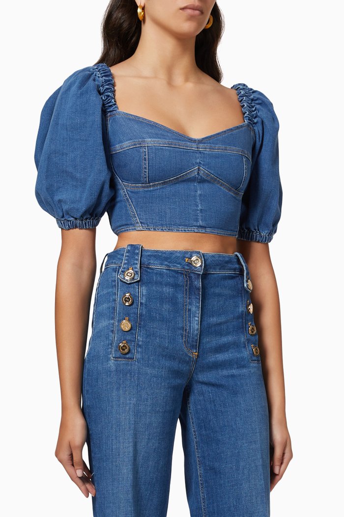 Sweetheart Neckline Crop Top in Stretch Denim, Blue