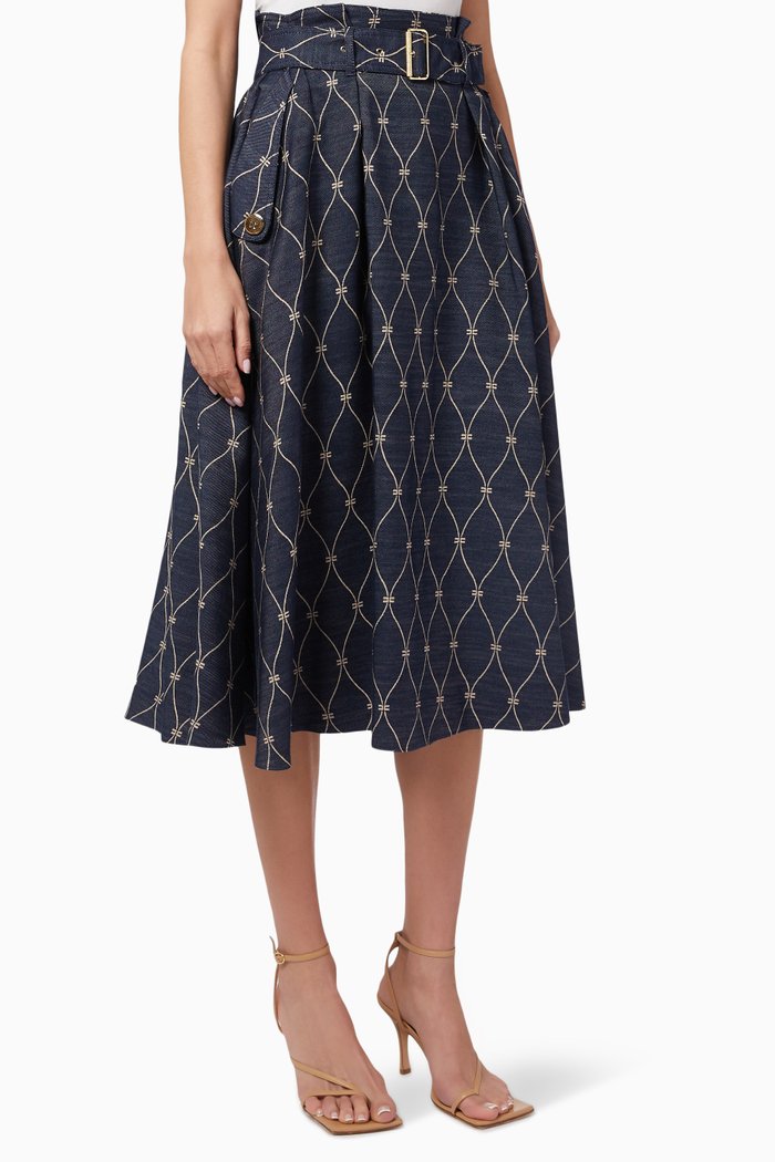 

Half-circle Skirt with Belt in Diamond Print Cotton Blend, Blue