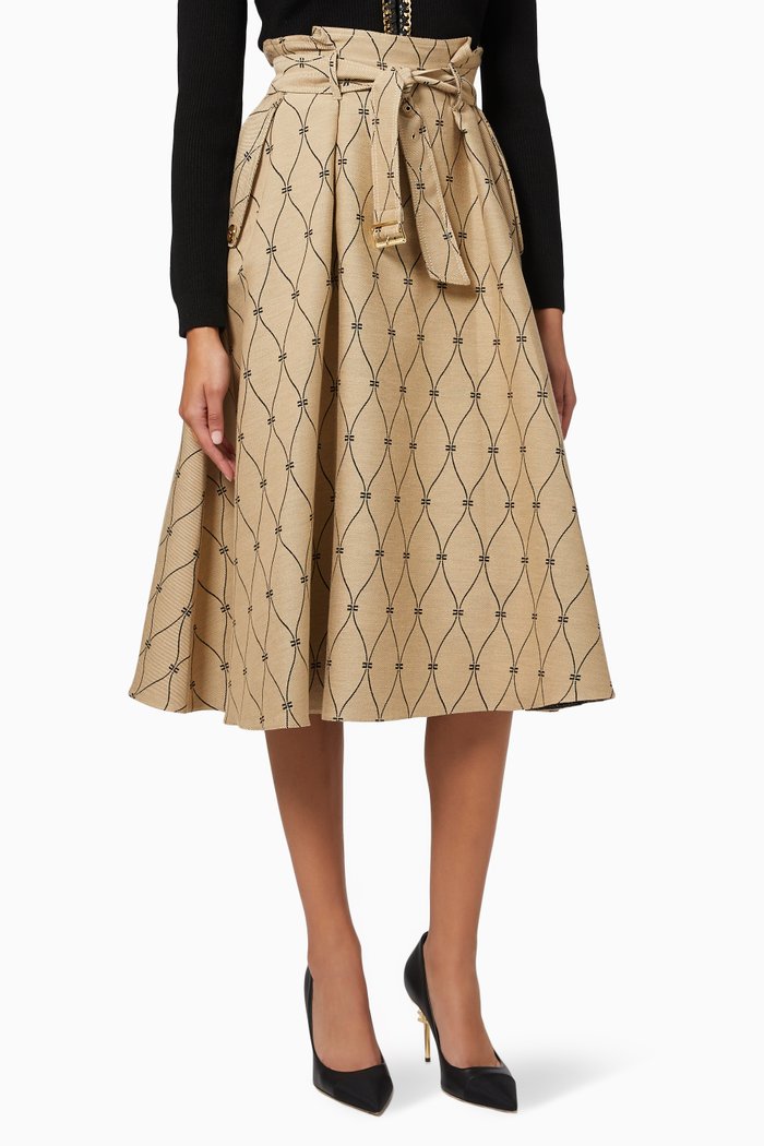 

Half-circle Skirt with Belt in Diamond Print Cotton Blend, Brown