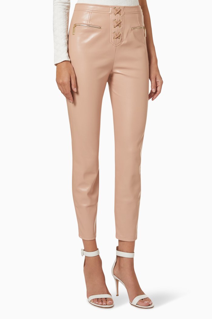 

Lace-up Top Stitching Trousers in Nappa-effect Faux Leather, Brown
