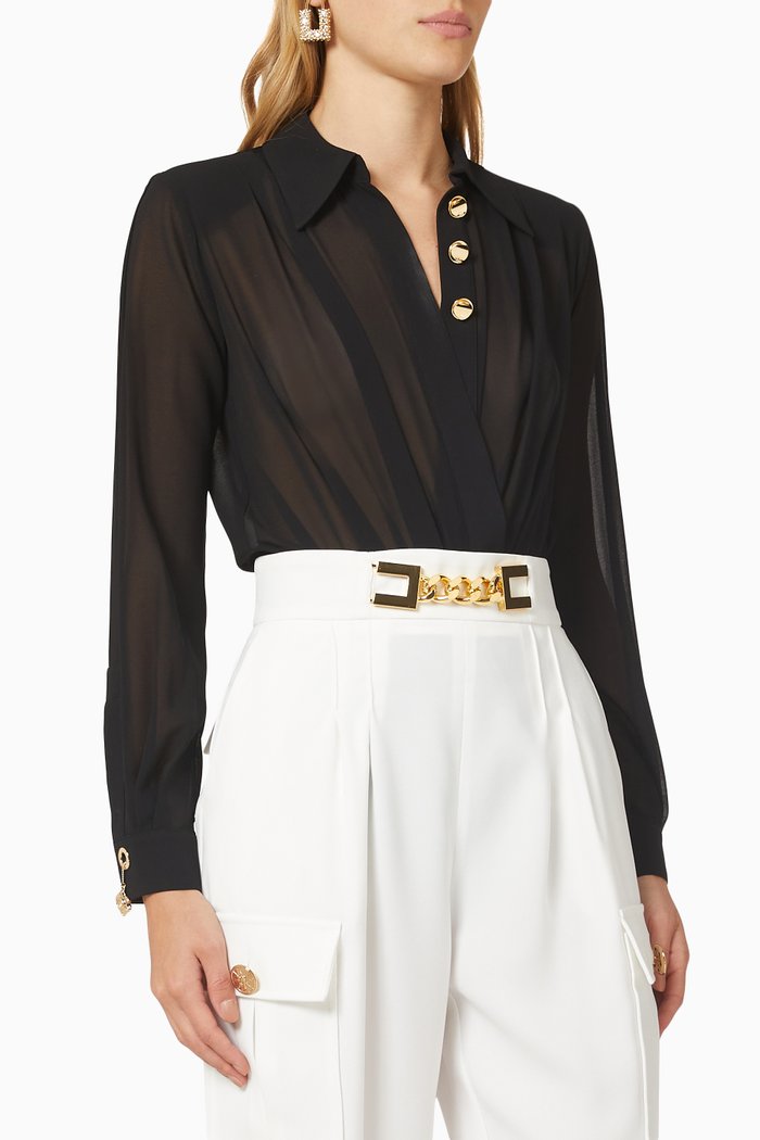 

Bodysuit-Style Blouse with Crossover Neckline, Black