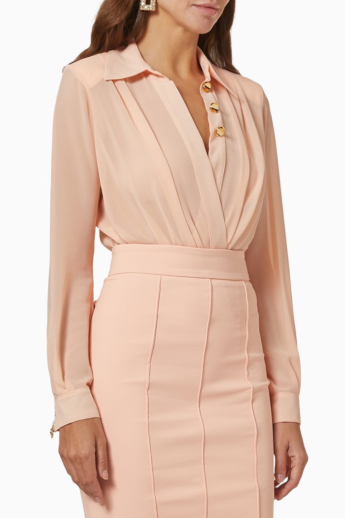 

Bodysuit-Style Blouse with Crossover Neckline, Pink