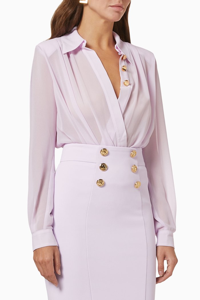 Bodysuit-Style Blouse with Crossover Neckline, Purple
