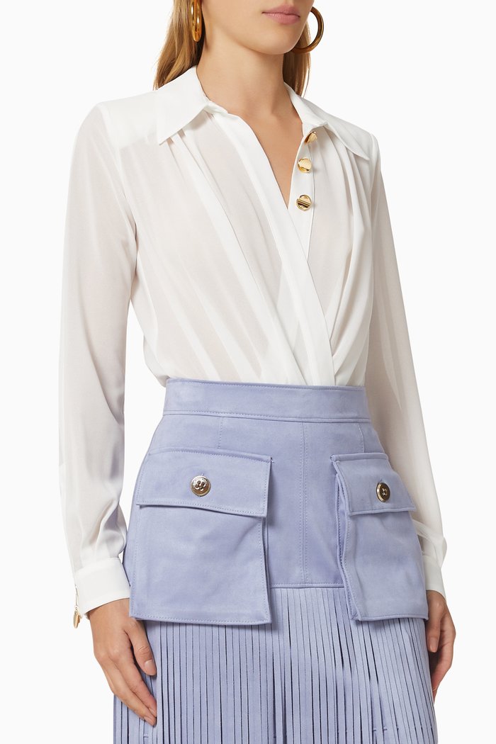 

Bodysuit-Style Blouse with Crossover Neckline, White