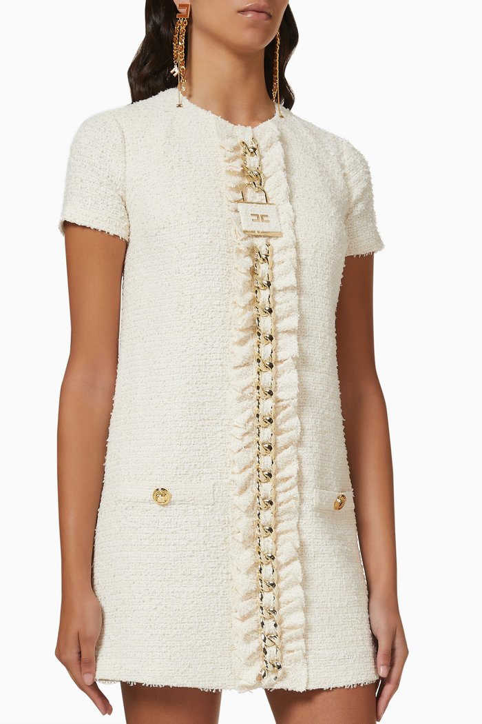 

Ruffled Trim Mini Sheath Dress in Tweed, Neutral
