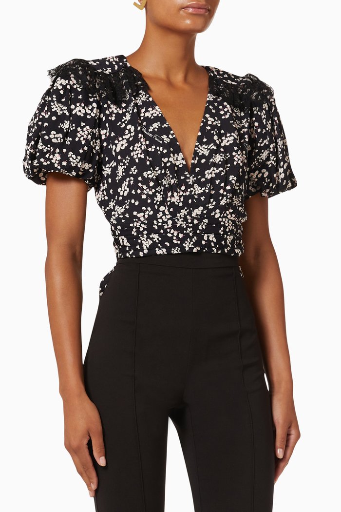 

Lace-trimmed Floral Blouse, Black