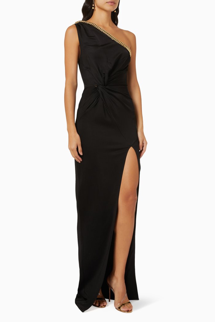 

One-Shoulder Embellished Gown, Black