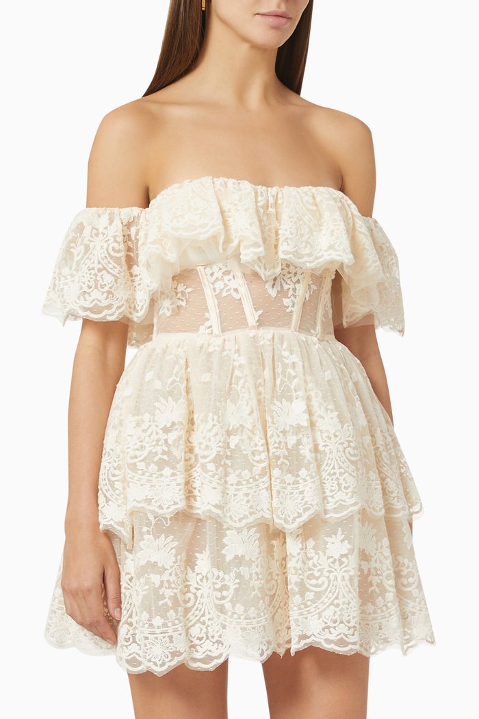 Off Shoulder Flounce Dress in Lace, Neutral