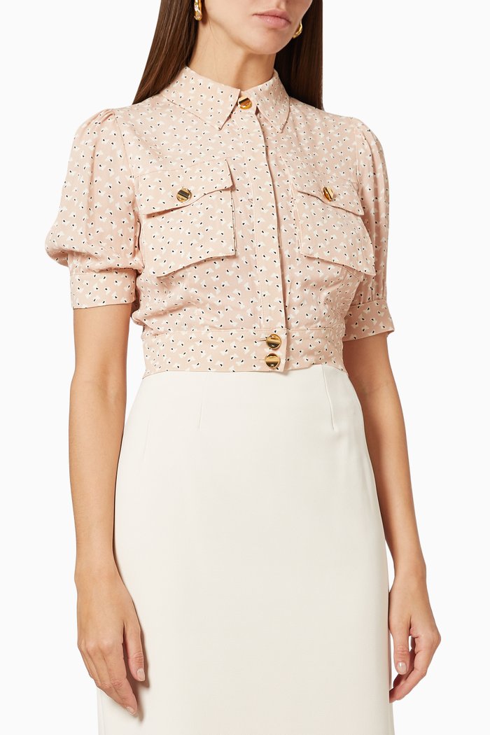 

Short Blouse in Micro Butterfly Printed Fabric, Brown
