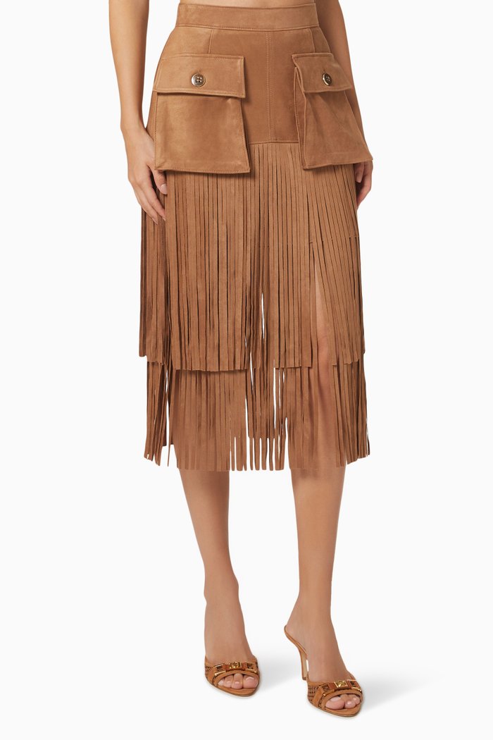

Fringe Skirt in Suede, Brown