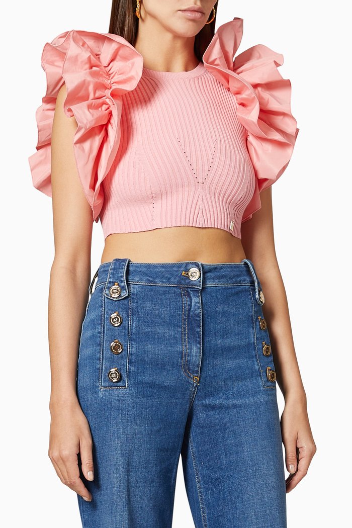 

Crop Top with Flounced Sleeves in Viscose Rib-knit, Pink