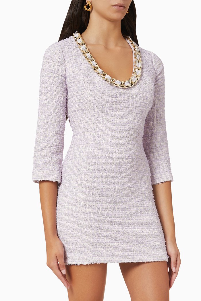 

Chain Neck Sheath Dress in Tweed, Purple