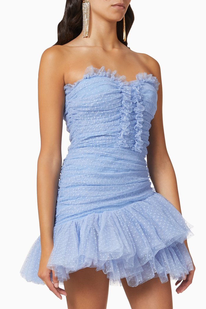 

Off-The-Shoulder Ruffle Mini Dress in Tulle, Blue
