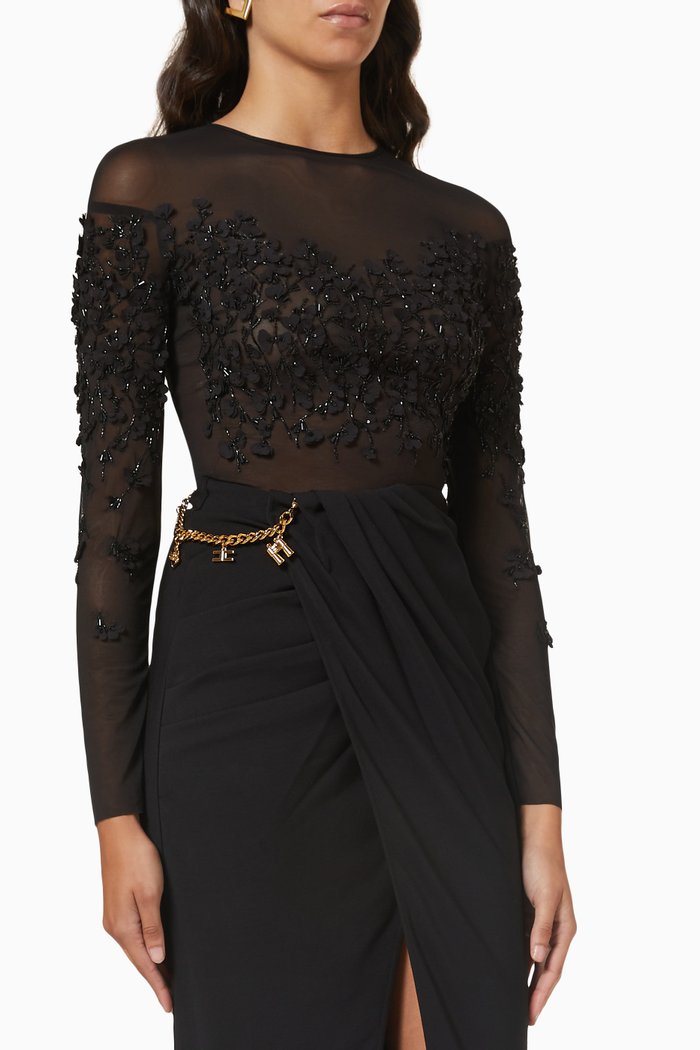 

Floral Sequin Embellished Bodysuit in Tulle Mesh, Black