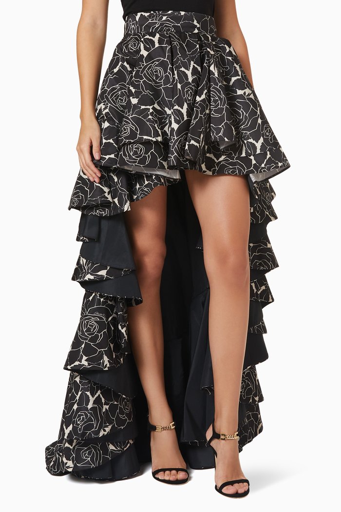 

Ruffled High-low Skirt in Rose-print Fabric, Black