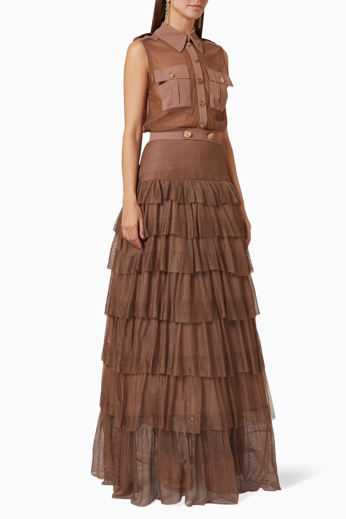 

Sleeveless Gown in Micro Mesh, Brown