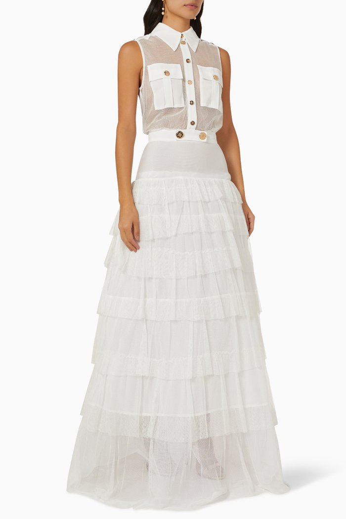 

Sleeveless Gown in Micro Mesh, White