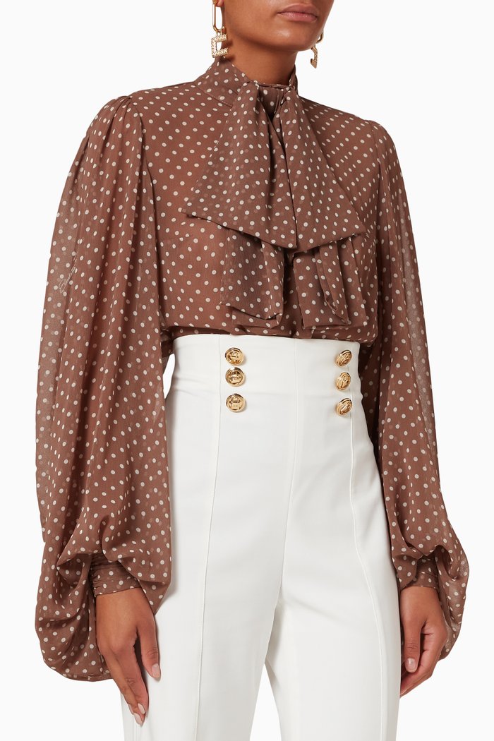 

Bodysuit-style Blouse with Bow in Poka Dot Print Georgette, Brown