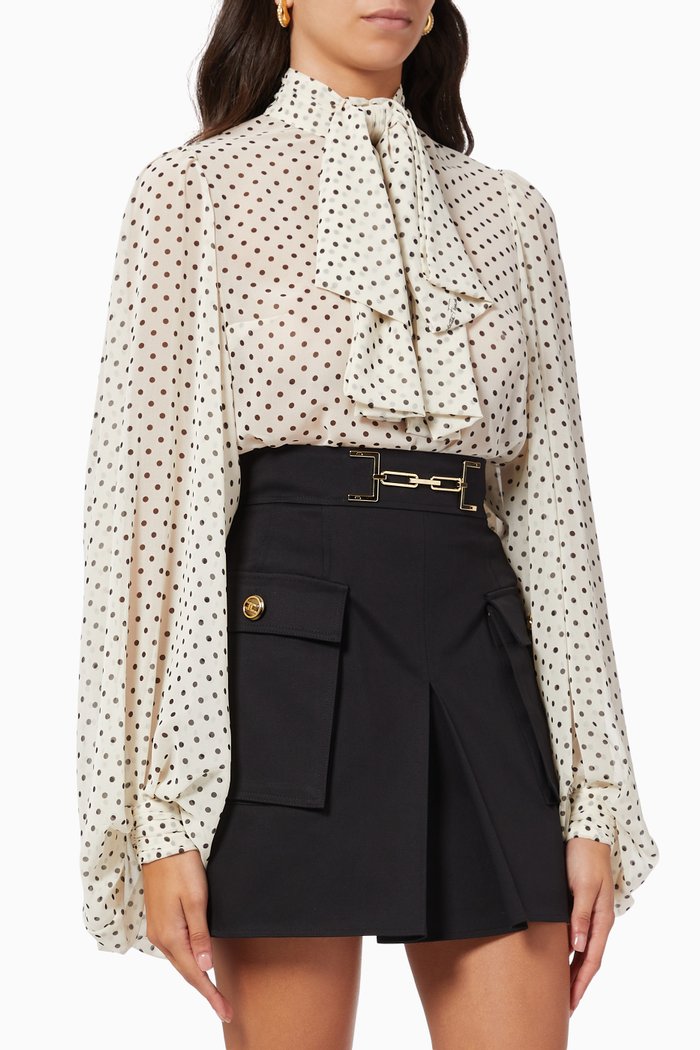 

Bodysuit-style Blouse with Bow in Poka Dot Print Georgette, Neutral