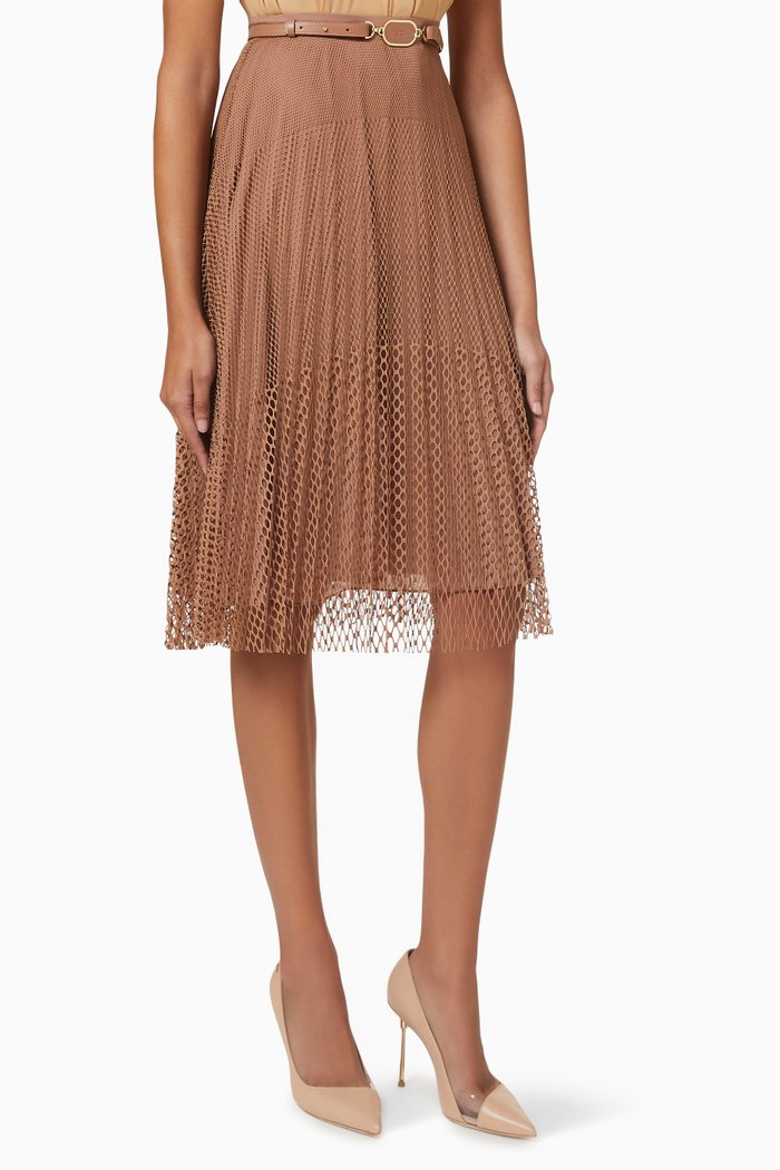 

Belted Plissé Pleats Midi Skirt in Mesh, Brown