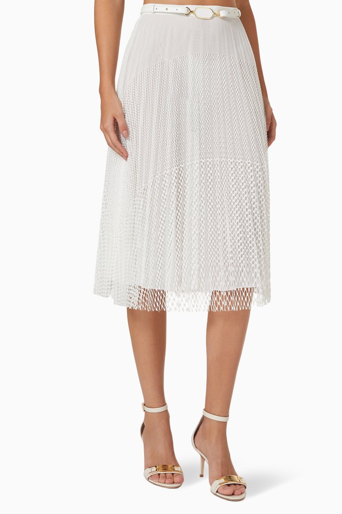 Belted Plissé Pleats Midi Skirt in Mesh, White