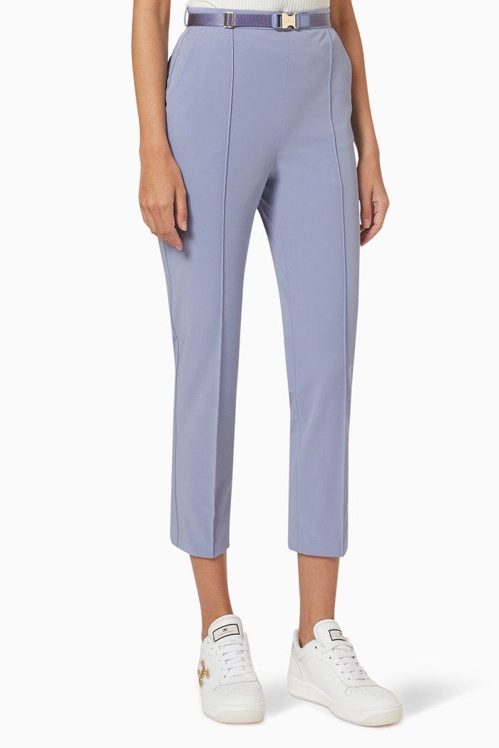 Belted Cigarette Trousers in Stretch Crepe, Blue