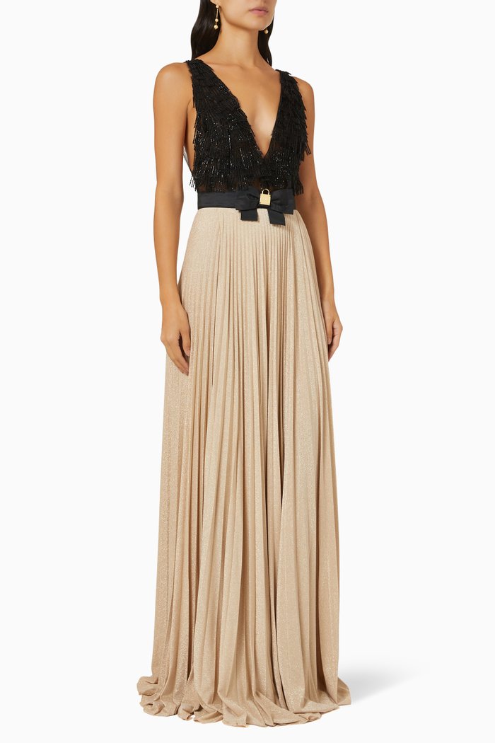 

Sequin Embellished Evening Gown in Stretch Lurex, Black