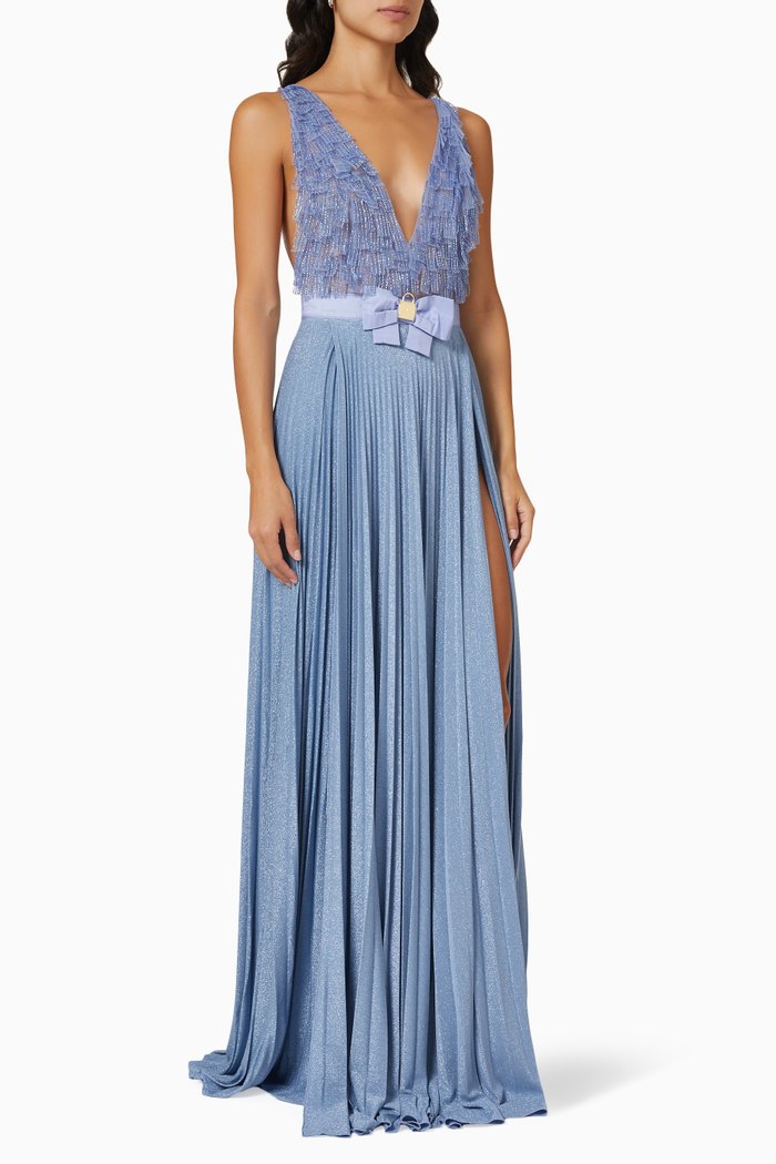 

Sequin Embellished Evening Gown in Stretch Lurex, Blue
