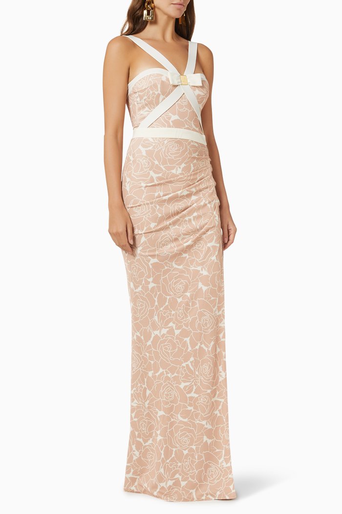 

Rose-printed Evening Gown in Viscose Jersey, Brown