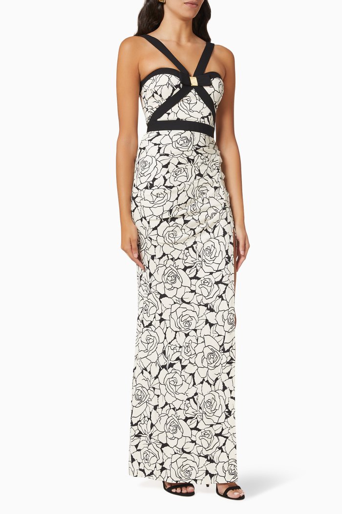 

Rose-printed Evening Gown in Viscose Jersey, Multicolour