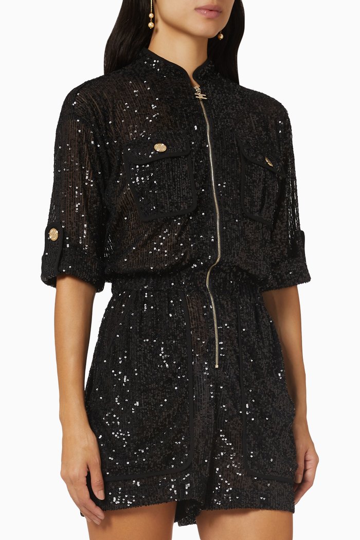 

Short Sleeve Playsuit in Sequin, Black