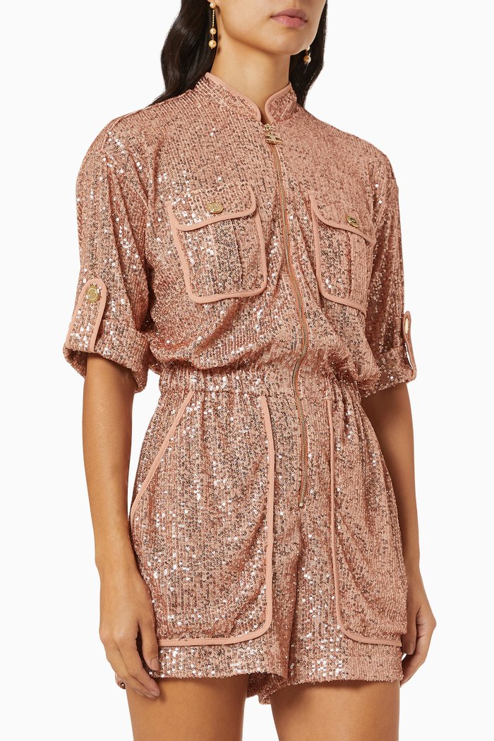 Short Sleeve Playsuit in Sequin, Pink