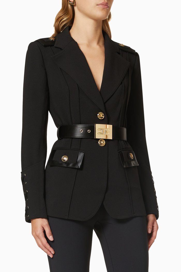 

Single-breasted Blazer with Maxi Belt in Stretch Crepe, Black