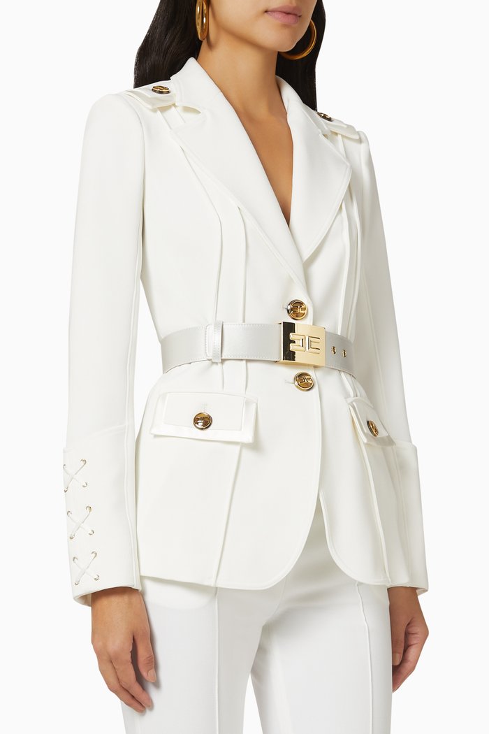 

Single-breasted Blazer with Maxi Belt in Stretch Crepe, White