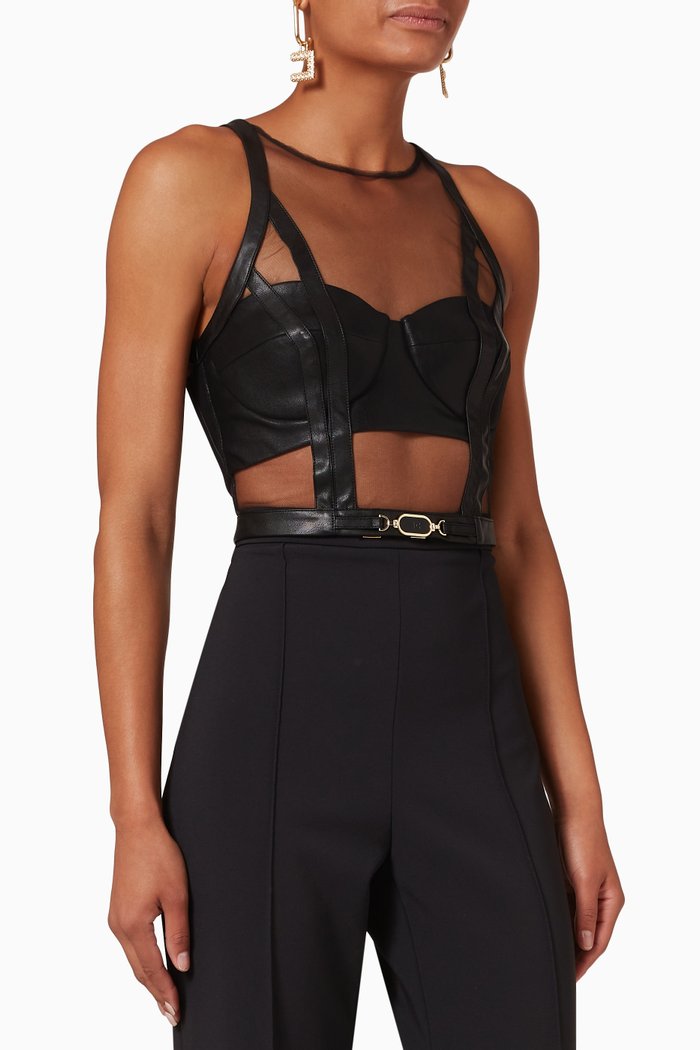 

Bustier Top in Tulle & Faux Leather, Black