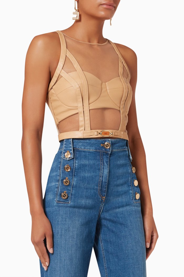 

Bustier Top in Tulle & Faux Leather, Brown