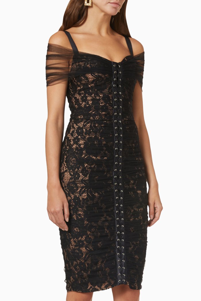 

Rebrodé Sheath Dress in Lace & Technical Mesh, Black